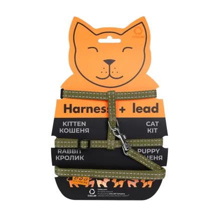 Шлея Dog Extreme з нейлону для котів з повідцем (ширина 10мм, А:20-30см, В:25-40см, довжина 110см) хакі — Фото 1