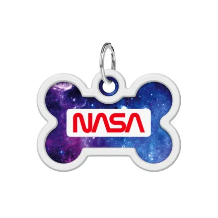 Адресник для собак і котів металевий WAUDOG Smart ID з QR паспортом, малюнок "NASA21", кістка, Д 40 мм, Ш 28 мм — Фото 1