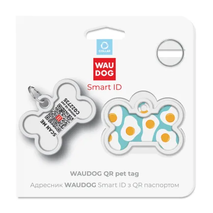 Адресник для собак і котів металевий WAUDOG Smart ID з QR паспортом, малюнок "Яєчня", кістка, Д 40 мм, Ш 28 мм — Фото 4