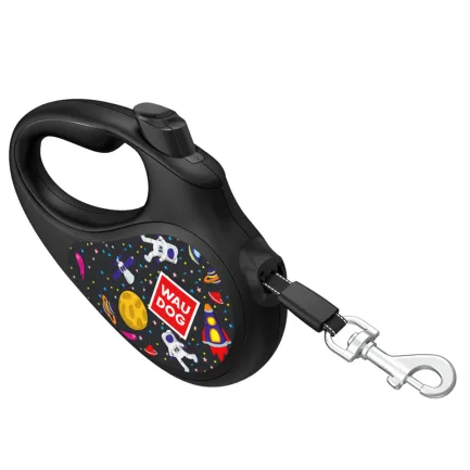 Повідець-рулетка для собак WAUDOG R-leash, малюнок "NASA", L, до 50 кг, 5 м, світловідбиваюча стрічка чорний — Фото 1