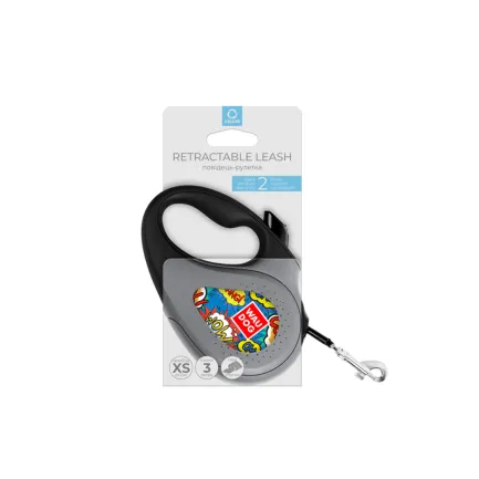 Повідець-рулетка для собак WAUDOG R-leash, малюнок "ВАУ", XS, до 12 кг, 3 м, світловідбиваюча стрічка чорний — Фото 3