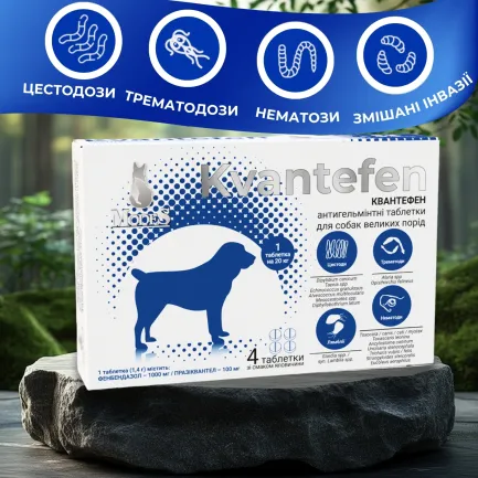 Квантефен (Kvantefen) антигельмінтні таблетки для собак великих порід, 1 таб на 20кг (4 табл.), MODES (від бліх, від кліщів, від гельмінтів) — Фото 1