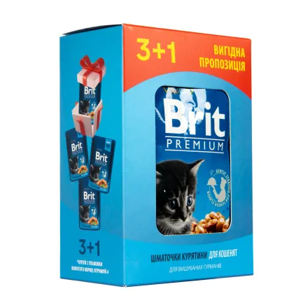 Набір паучів "3+1" для кошенят Brit Premium Cat pouch Chicken Chunks for Kitten з куркою, 4х100г — Фото 5