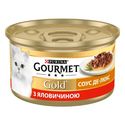 Вологий корм GOURMET Gold "Соус Де-Люкс" для дорослих котів шматочки в соусі з яловичиною 85 г — Фото 1