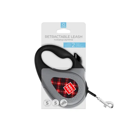 Повідець-рулетка для собак WAUDOG R-leash, малюнок "Шотландка", S, до 15 кг, 5 м, світловідбиваюча стрічка чорний — Фото 2