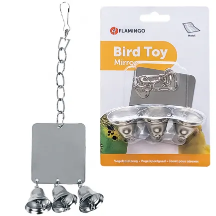 Flamingo Mirror+3Bells ФЛАМІНГО КВАДРАТНЕ ДЗЕРКАЛО З ДЗВІНОЧКАМИ іграшка для папуг 7х8 см
