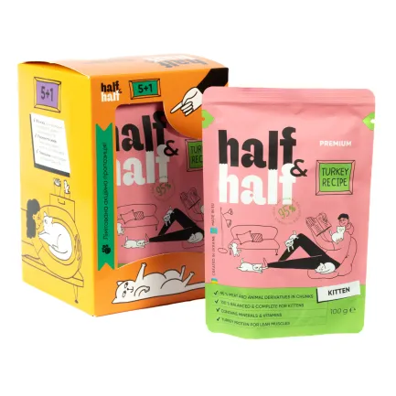 Набір вологих кормів Half&amp;Half "5+1" для кошенят, шматочки з індичкою у желе, паучі, 6 шт*100 г
