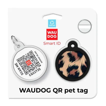 Адресник для собак і котів металевий WAUDOG Smart ID з QR паспортом, малюнок "Леопард", коло, Д 25 мм — Фото 4