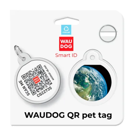 Адресник для собак і котів металевий WAUDOG Smart ID з QR паспортом, малюнок "Земля", коло, Д 25 мм — Фото 3