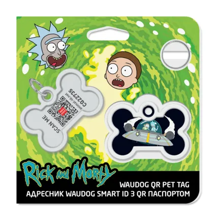Адресник для собак і котів металевий WAUDOG Smart ID з QR паспортом, малюнок "Рік та Морті 1", кістка, Д 40 мм, Ш 28 мм — Фото 3