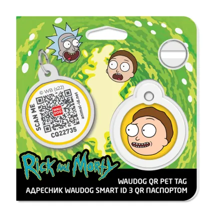 Адресник для собак і котів металевий WAUDOG Smart ID з QR паспортом, малюнок "Рік та Морті 2", коло, Д 30 мм — Фото 3