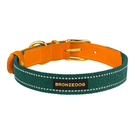 Нашийник для Собак Bronzedog Сotton Рефлекторний х/б+шкіра з Ремінною Пряжкою Зелений L — Фото 1