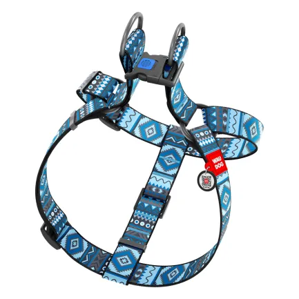 Шлея для собак WAUDOG Nylon з QR паспортом, малюнок "Етно синій", пластиковий фастекс, XL, Ш 35 мм, А=В 70-100 см — Фото 1