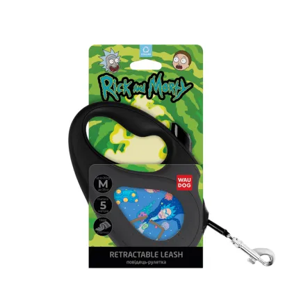 Повідець-рулетка для собак WAUDOG R-leash, малюнок "Рік та Морті 3", M, до 25 кг, 5 м, світловідбиваюча стрічка чорний — Фото 3