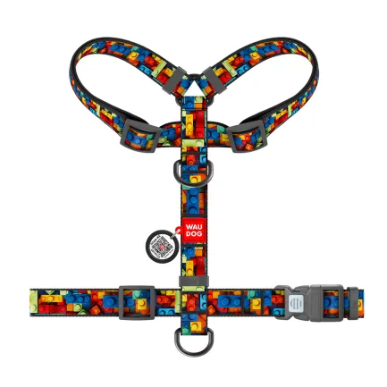 Шлея для собак анатомічна H-подібна WAUDOG Nylon з QR-паспортом, малюнок "Блоки", пластиковий фастекс, L, Ш 25 мм, А 50-90 см, В 60-100 см — Фото 2