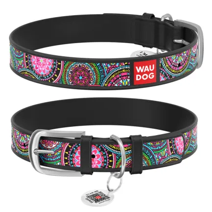 Нашийник WAUDOG Design з малюнком "Мандали", преміум шкіра, металева пряжка (ширина 12 мм, довжина 21-29 см) чорний