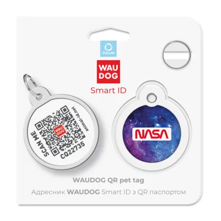 Адресник для собак і котів металевий WAUDOG Smart ID з QR паспортом, малюнок "NASA21", коло, Д 30 мм — Фото 4