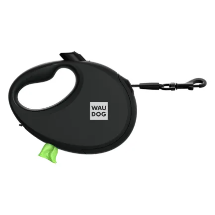 Повідець-рулетка для собак WAUDOG R-leash з контейнером для пакетів, світловідбивна стрічка, М, до 20 кг, 5 м, чорний — Фото 1