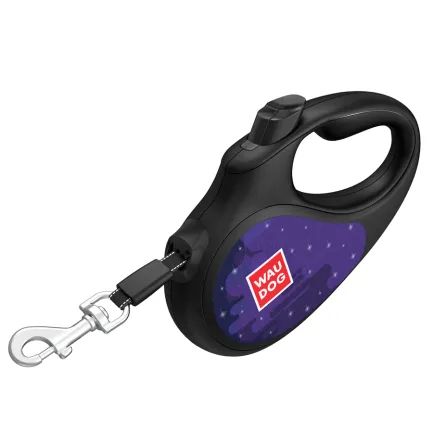 Повідець-рулетка для собак WAUDOG R-leash, малюнок "Більше космосу", світловідбиваюча стрічка, M, до 25 кг, 5 м чорний — Фото 3