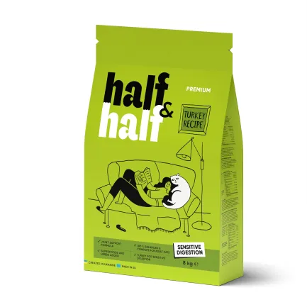 Сухий корм Half&amp;Half для котів із чутливим травленням, з індичкою, 8 кг
