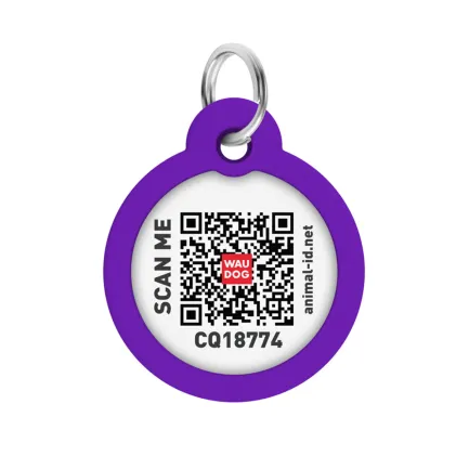 Адресник для собак і котів металевий WAUDOG Smart ID з QR паспортом, малюнок "Градієнт фіолетовий", коло, Д 30 мм — Фото 1