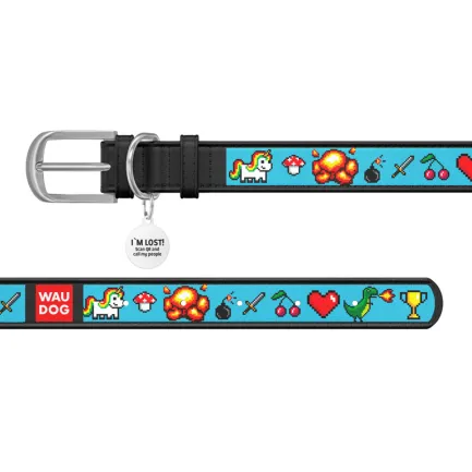 Нашийник WAUDOG Design з малюнком "Піксельний єдиноріг", преміум шкіра, металева пряжка (ширина 15 мм, довжина 27-36 см) чорний — Фото 2