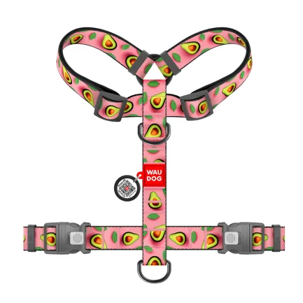 Шлея для собак анатомічна H-подібна WAUDOG Nylon з QR-паспортом, малюнок "Авокадо на рожевому", пластиковий фастекс, XL, Ш 35 мм, A 60-100 см, B 70-100 см — Фото 1