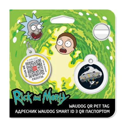 Адресник для собак і котів металевий WAUDOG Smart ID з QR паспортом, малюнок "Рік та Морті 1", коло, Д 25 мм — Фото 3