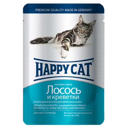 Вологий корм Happy Cat для котів у вигляді шматочків в желе з лососем та криветкою, 0,1 кг, 1002310