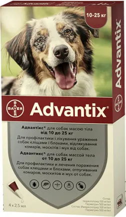 Краплі від бліх і кліщів Bayer Advantix для собак вагою 10-25 кг, ціна за 1 піпетку