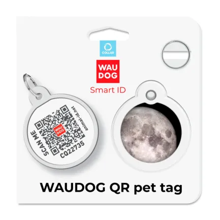 Адресник для собак і котів металевий WAUDOG Smart ID з QR паспортом, малюнок "Місяць", коло, Д 30 мм — Фото 4