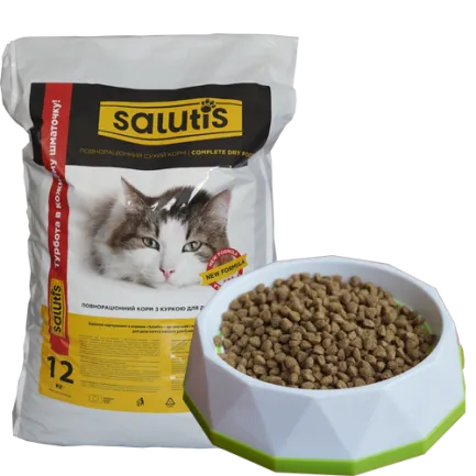 SALUTIS. Повнораціонний корм для дорослих котів з куркою, 12 кг
