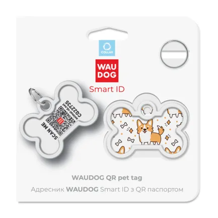 Адресник для собак і котів металевий WAUDOG Smart ID з QR паспортом, малюнок "Коргі", кістка, Д 40 мм, Ш 28 мм — Фото 4