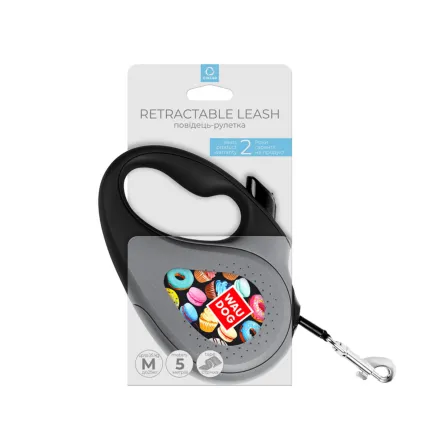 Повідець-рулетка для собак WAUDOG R-leash, малюнок "Пончики", M, до 25 кг, 5 м, світловідбиваюча стрічка чорний — Фото 3