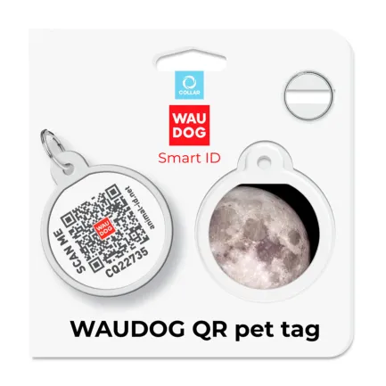 Адресник для собак і котів металевий WAUDOG Smart ID з QR паспортом, малюнок "Місяць", коло, Д 25 мм — Фото 3