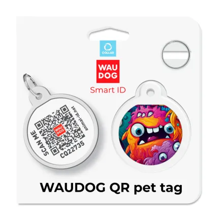 Адресник для собак і котів металевий WAUDOG Smart ID з QR паспортом, малюнок "Зубасті монстри", коло, Д 25 мм — Фото 4