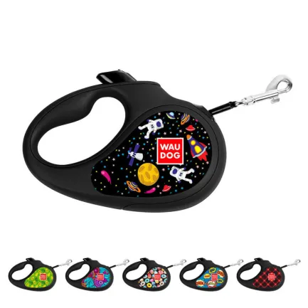 Повідець-рулетка для собак WAUDOG R-leash, малюнок "NASA", M, до 25 кг, 5 м, світловідбиваюча стрічка чорний