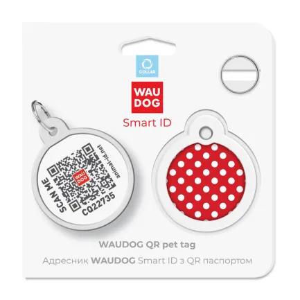 Адресник для собак і котів металевий WAUDOG Smart ID з QR паспортом, малюнок "Горох", коло, Д 30 мм — Фото 4