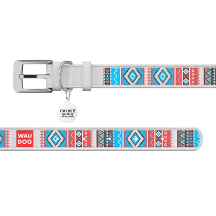 Нашийник для собак шкіряний WAUDOG Design з QR паспортом, малюнок "Етно" , Ш 12 мм, Дов 18-24 см, білий — Фото 2