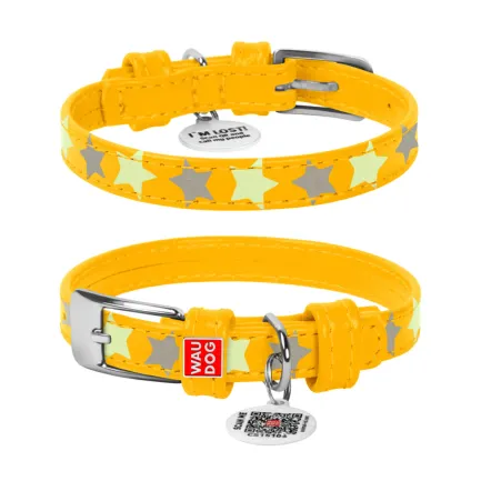 Нашийник для собак шкіряний WAUDOG Glamour з QR паспортом, візерунок "Зірочка", світонакоплювальний, Ш 12 мм, Дов 21-29 см жовтий — Фото 1