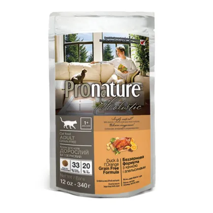 Pronature Holistic Cat Duck&amp;Orange ПРОНАТЮР ХОЛІСТИК КАЧКА З АПЕЛЬСИНАМИ сухий беззерновий холістик корм для котів 0,34 кг