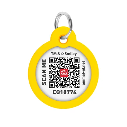 Адресник для собак і котів металевий WAUDOG Smart ID з QR паспортом, малюнок "Смайли на чорному", коло, Д 30 мм — Фото 2