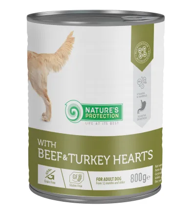 Вологий корм для дорослих собак з яловичиною та серцем індички Nature's Protection with Beef &amp; Turkey Hearts 800 г