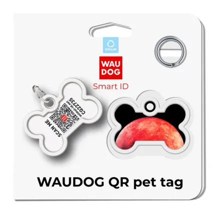 Адресник для собак і котів металевий WAUDOG Smart ID з QR паспортом, малюнок "Марс", кістка, Д 40 мм, Ш 28 мм — Фото 3