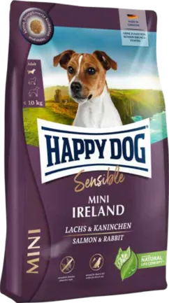Сухий корм Happy Dog Mini Ireland для собак дрібних порід вагою до 10 кг для нормалізації линьки та собак, що мають проблеми зі шкірою з кроликом та лососем, 800 г