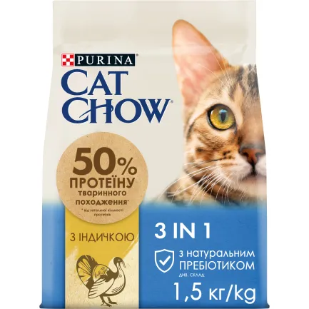 Сухий корм CAT CHOW Feline 3-in-1 для дорослих котів з формулою потрійної дії з куркою 1,5 кг