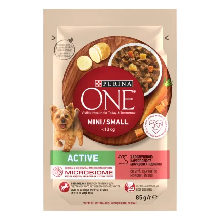 Вологий корм PURINA ONE Mini/Small Active для дорослих собак дрібних порід з підвищеною активністю шматочки у підливці з яловичиною, картоплею та морквою 85 г