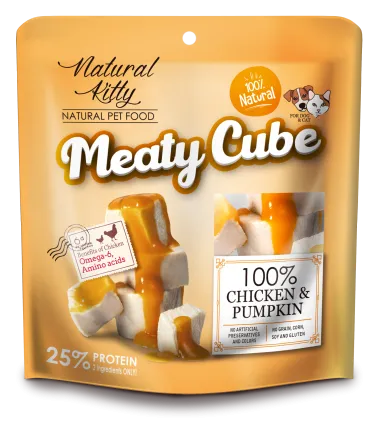 Natural Kitty Meaty Cube 100% Chicken &amp; Pumpkin Ласощі для котів та собак у вигляді кубиків, курка в гарбузовому соусі 60г