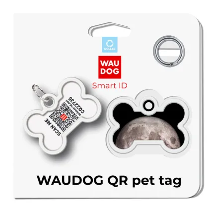 Адресник для собак і котів металевий WAUDOG Smart ID з QR паспортом, малюнок "Місяць", кістка, Д 40 мм, Ш 28 мм — Фото 3