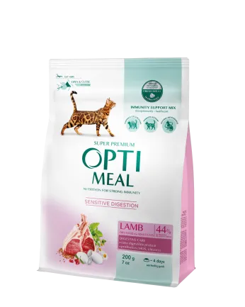 OPTIMEAL™. Повнораціонний сухий корм для дорослих котів з чутливим травленням - ягня, 0,2 кг